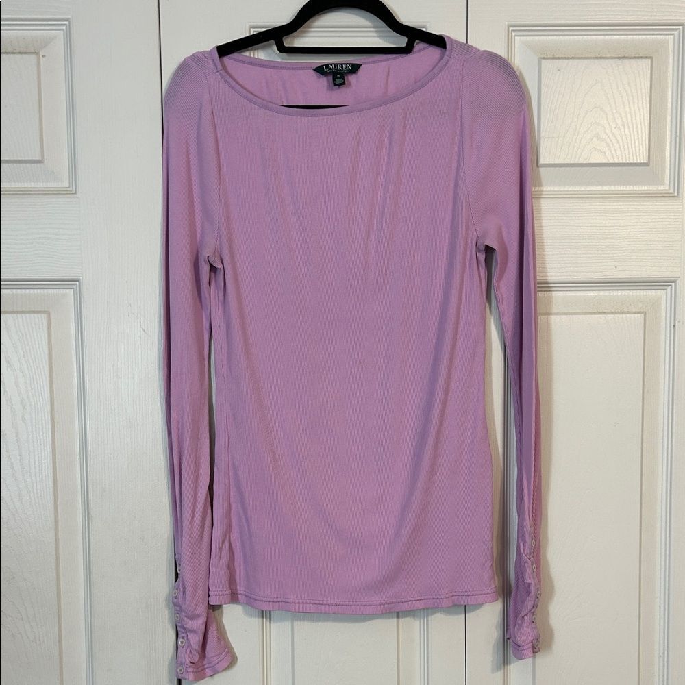 LAUREN RALPH LAUREN Size Medium Purple Ribbed Button Cuff Long Sleeve Top Cotton
